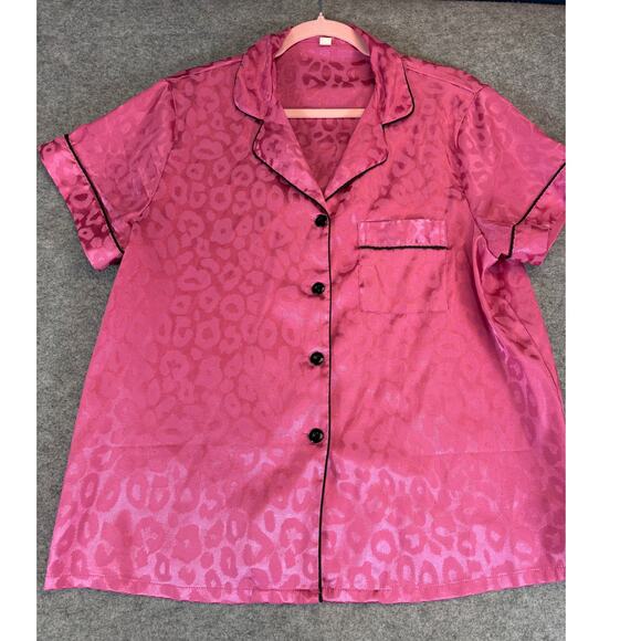 VINTAGE Pajama Top Womens Large Pink Leopard Jacquard Short Sleeve Lounge Shirt - Picture 4 of 6